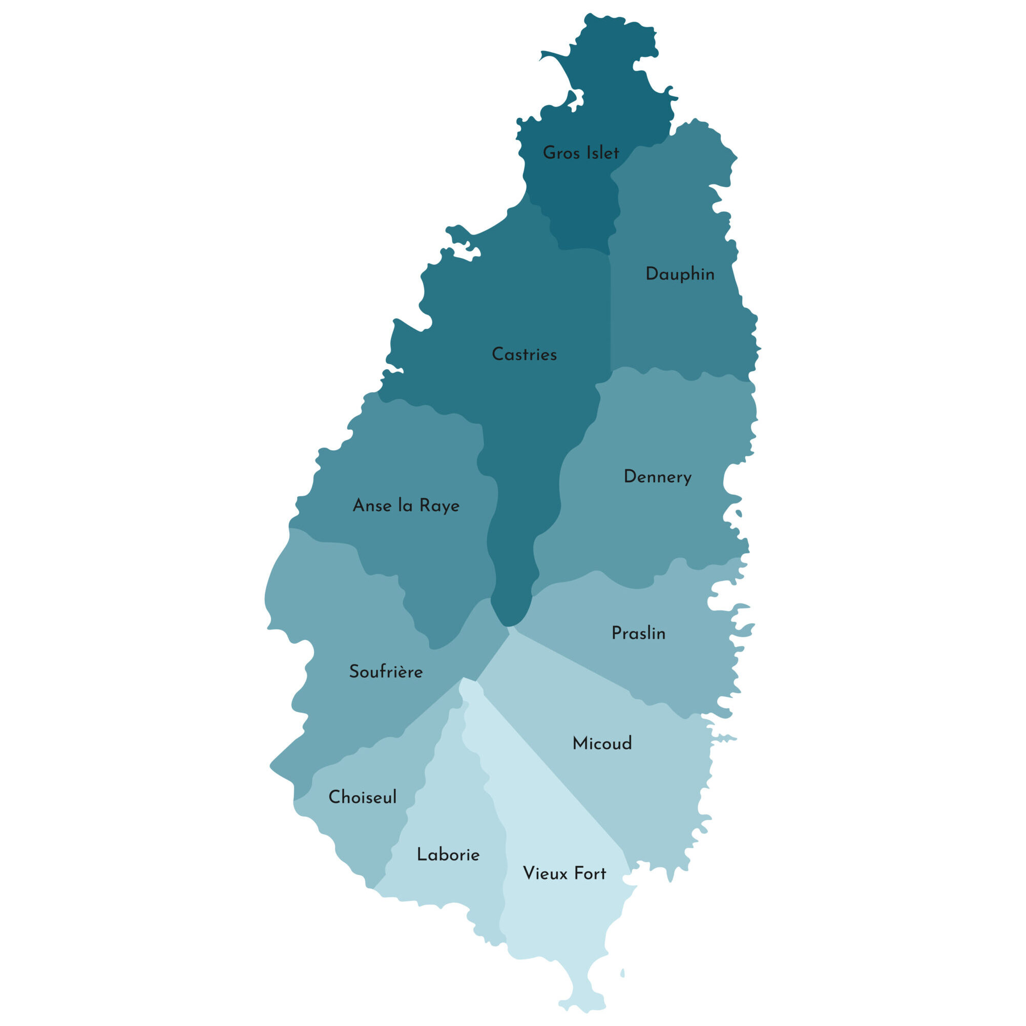 Vector isolated illustration of simplified administrative map of Saint Lucia﻿. Borders and names of the quarters (regions). Colorful blue khaki silhouettes